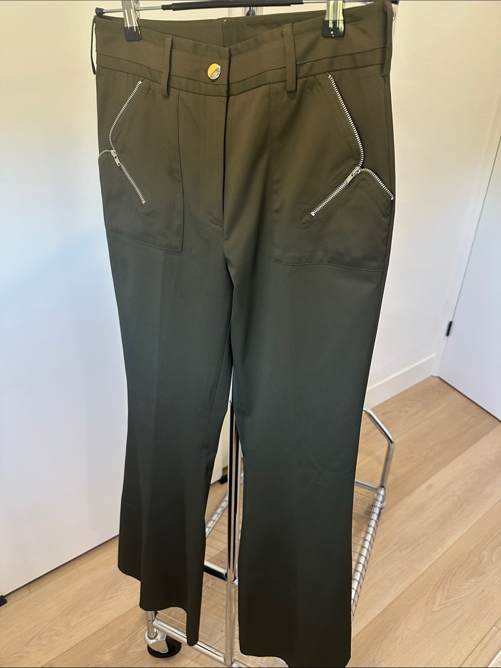 Ali Ro Olive Green Boot-Cut Pants with Zip Pocket Accents